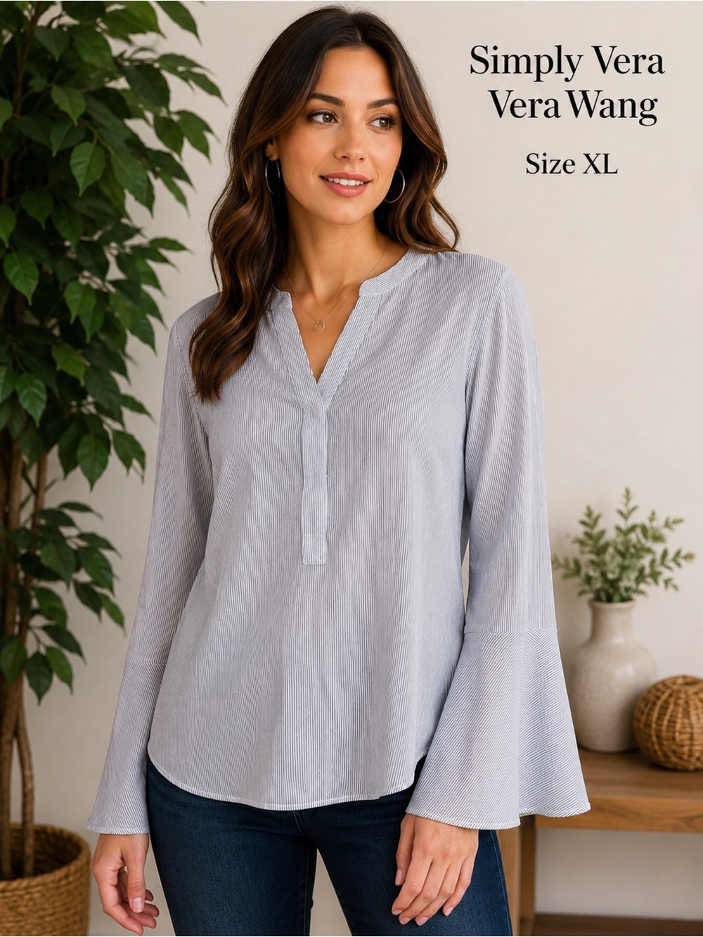 Simply Vera Vera Wang XL Blue White Pinstripe Bell Sleeve Henley Blouse NWT